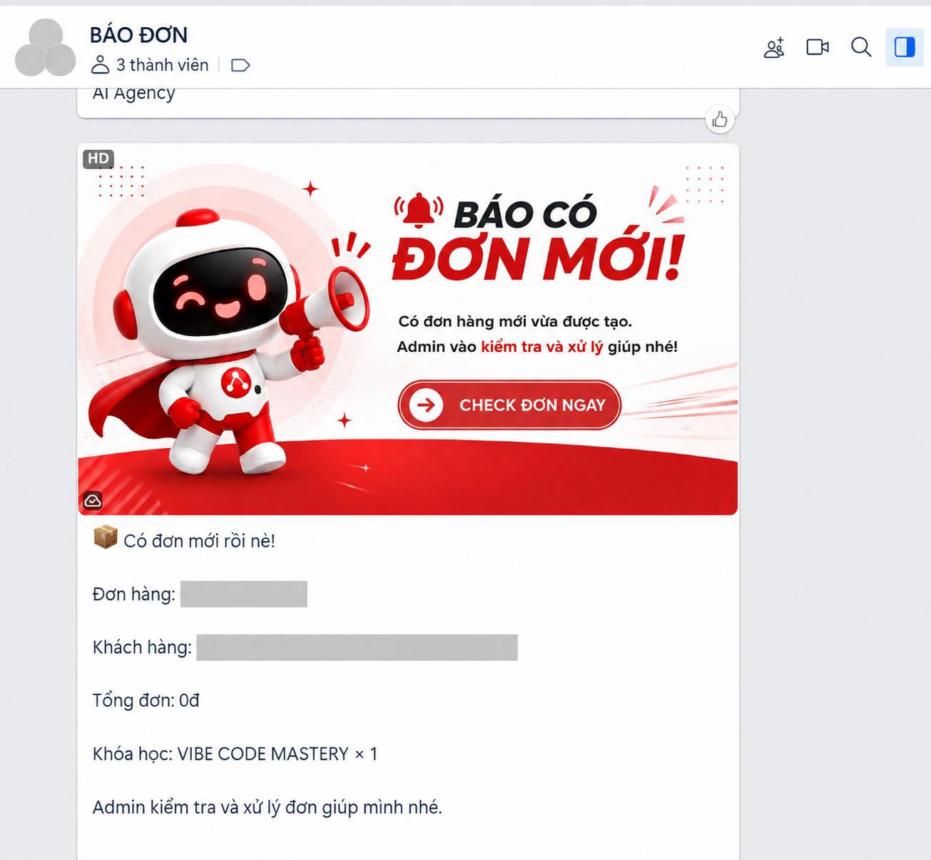 Thông báo đơn đăng ký 0đ trong nhóm vận hành — đã che thông tin